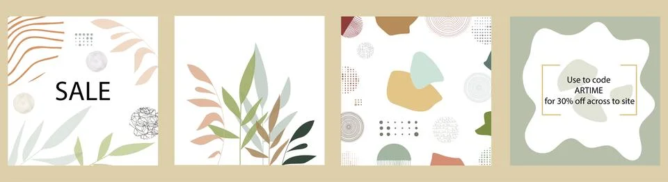 Vector set. Trendy abstract square art templates with floral and geometric .. Stock Illustration