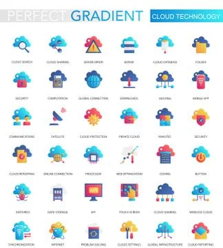 Vector set of trendy flat gradient of cloud, big data technology icons. Stock Illustration