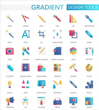Vector set of trendy flat gradient Design development app tools icons. Stock Illustration
