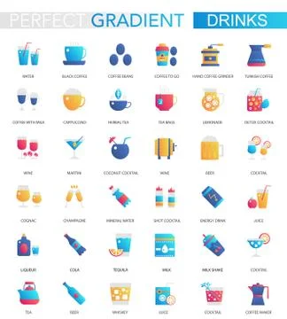 Vector set of trendy flat gradient drink icons. Various types of drinks. Stock Illustration