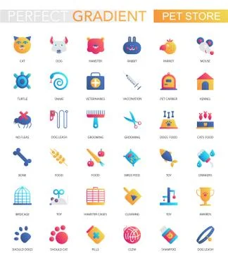 Vector set of trendy flat gradient pet friend store icons. Illustrazione stock