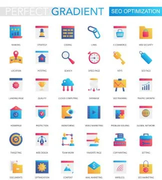 Vector set of trendy flat gradient SEO optimization icons. 스톡 일러스트
