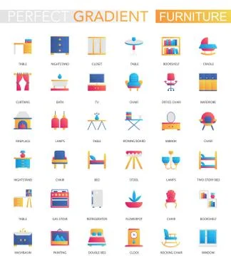 Vector set of trendy flat gradient interior furniture icons. Stock Illustration