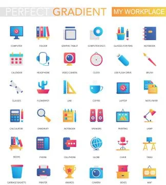 Vector set of trendy flat gradient my workspace or workspace icons. Stock Illustration