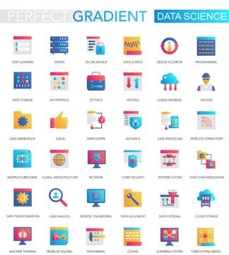 Vector set of trendy flat gradient data science icons. 스톡 일러스트