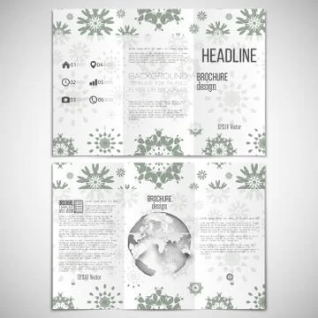 Vector set of tri-fold brochure design template on both sides with world globe Stock Illustration