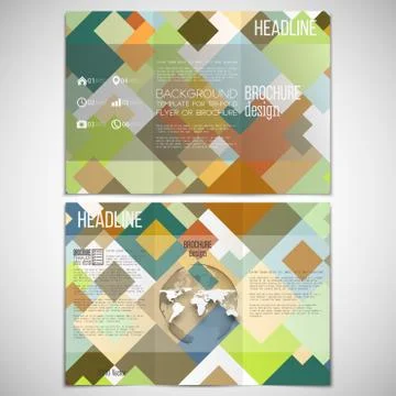 Vector set of tri-fold brochure design template on both sides with world globe Stock Illustration