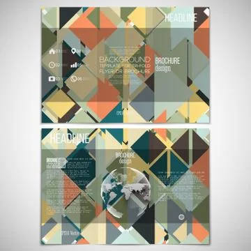 Vector set of tri-fold brochure design template on both sides with world globe Illustrazione stock