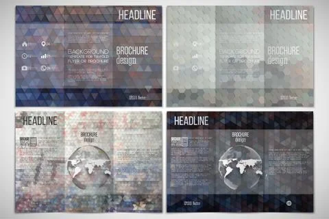 Vector set of tri-fold brochure design template on both sides with world globe Illustrazione stock