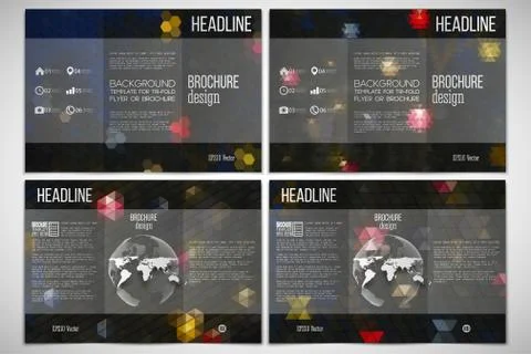 Vector set of tri-fold brochure design template on both sides with world globe Illustrazione stock