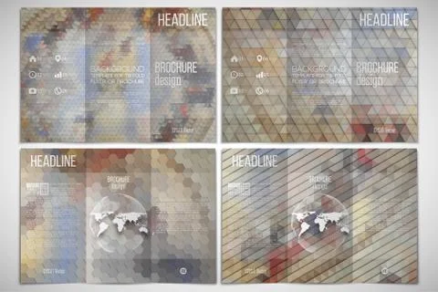 Vector set of tri-fold brochure design template on both sides with world globe Illustrazione stock