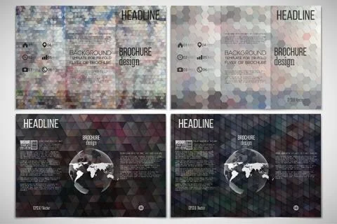 Vector set of tri-fold brochure design template on both sides with world globe Illustrazione stock