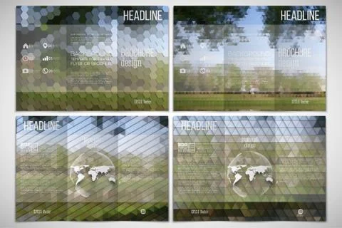 Vector set of tri-fold brochure design template on both sides with world globe Illustrazione stock