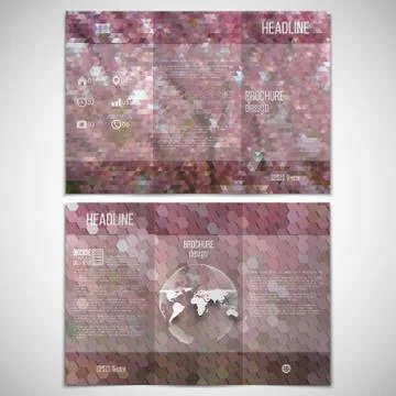 Vector set of tri-fold brochure design template on both sides with world globe Stock Illustration