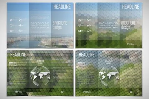 Vector set of tri-fold brochure design template on both sides with world globe Illustrazione stock