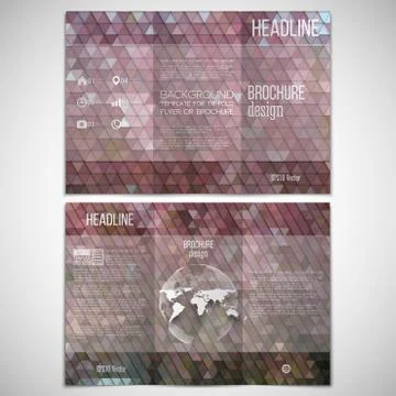 Vector set of tri-fold brochure design template on both sides with world globe Illustrazione stock