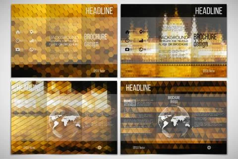 Vector set of tri-fold brochure design template on both sides with world globe Illustrazione stock
