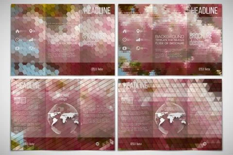 Vector set of tri-fold brochure design template on both sides with world globe Illustrazione stock