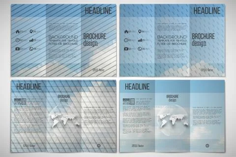 Vector set of tri-fold brochure design template on both sides with world globe Illustrazione stock