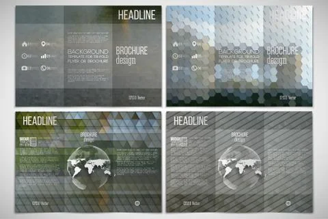Vector set of tri-fold brochure design template on both sides with world globe Illustrazione stock