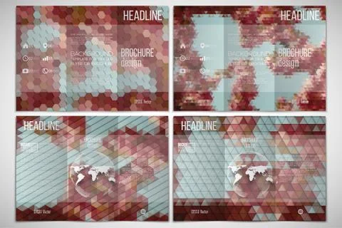 Vector set of tri-fold brochure design template on both sides with world globe Stock Illustration