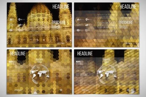Vector set of tri-fold brochure design template on both sides with world globe Stock Illustration
