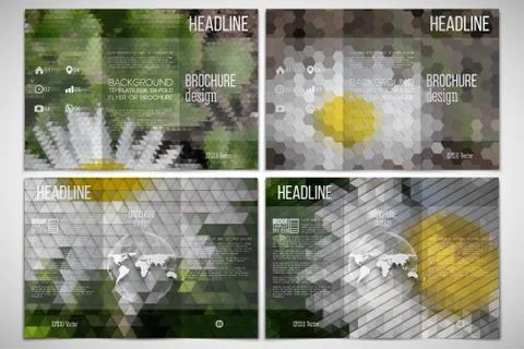 Vector set of tri-fold brochure design template on both sides with world globe Illustrazione stock