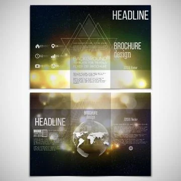 Vector set of tri-fold brochure design template on both sides with world globe Illustrazione stock