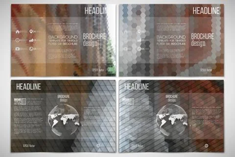 Vector set of tri-fold brochure design template on both sides with world globe Illustrazione stock