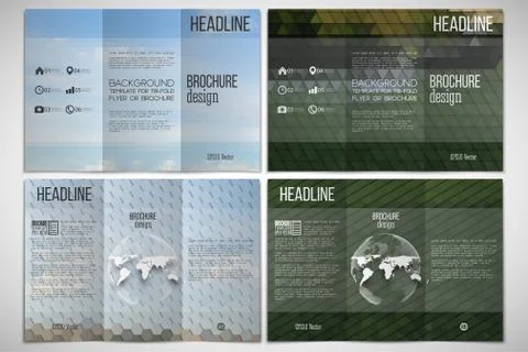 Vector set of tri-fold brochure design template on both sides with world globe Illustrazione stock