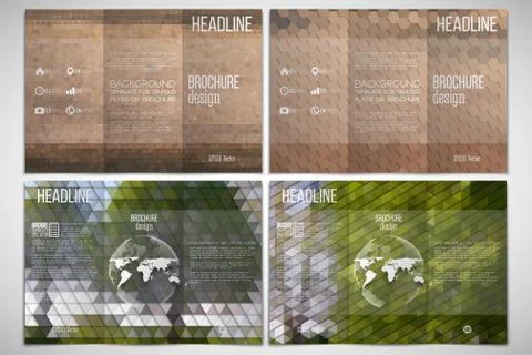 Vector set of tri-fold brochure design template on both sides with world globe Illustrazione stock