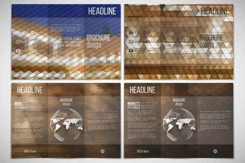 Vector set of tri-fold brochure design template on both sides with world globe Illustrazione stock