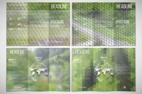 Vector set of tri-fold brochure design template on both sides with world globe Illustrazione stock