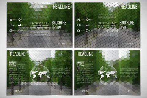 Vector set of tri-fold brochure design template on both sides with world globe Illustrazione stock