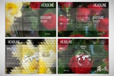 Vector set of tri-fold brochure design template on both sides with world globe Illustrazione stock