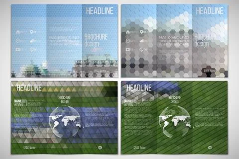 Vector set of tri-fold brochure design template on both sides with world globe Illustrazione stock
