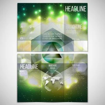 Vector set of tri-fold brochure design template on both sides with world globe Illustrazione stock