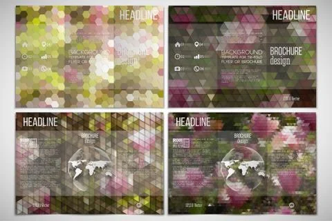 Vector set of tri-fold brochure design template on both sides with world globe Stock Illustration