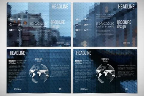 Vector set of tri-fold brochure design template on both sides with world globe Illustrazione stock