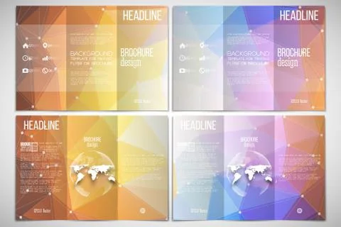 Vector set of tri-fold brochure design template on both sides with world globe Stock Illustration