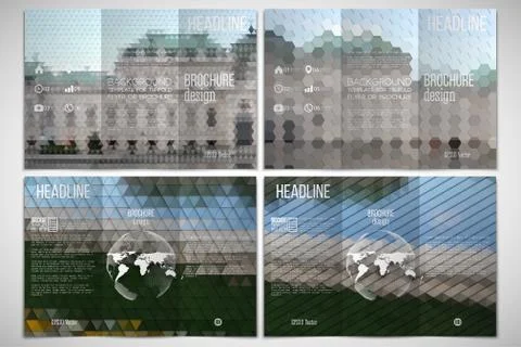 Vector set of tri-fold brochure design template on both sides with world globe Illustrazione stock