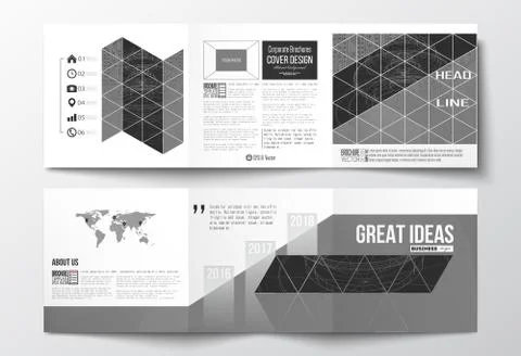 Vector set of tri-fold brochures, square design templates. Microchip background 스톡 일러스트
