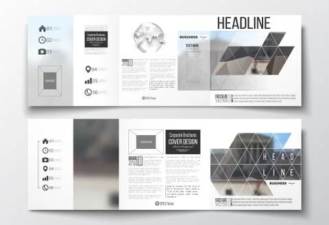 Vector set of tri-fold brochures, square design templates. Polygonal background Stock Illustration