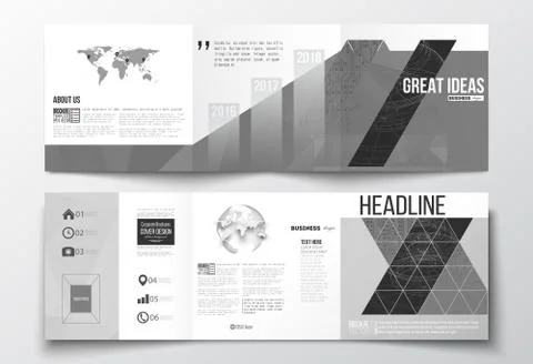 Vector set of tri-fold brochures, square design templates. Microchip background Illustrazione stock