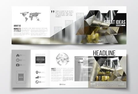 Vector set of tri-fold brochures, square design templates. Colorful polygonal 스톡 일러스트