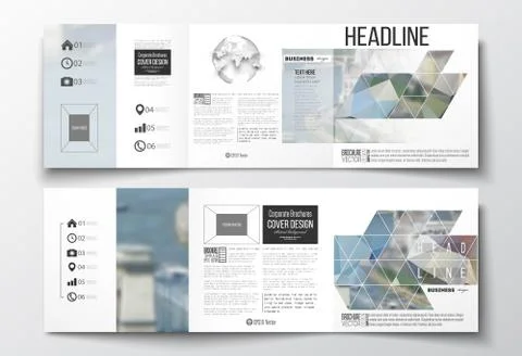 Vector set of tri-fold brochures, square design templates. Polygonal background イラスト素材
