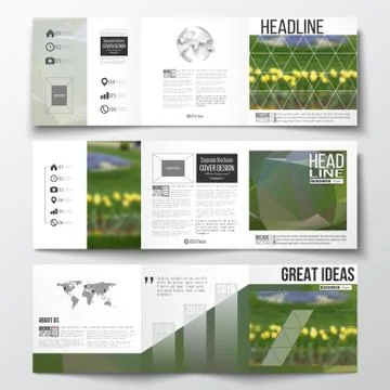 Vector set of tri-fold brochures, square design templates. Colorful polygonal イラスト素材