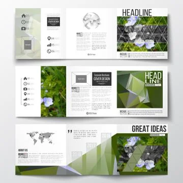 Vector set of tri-fold brochures, square design templates. Polygonal floral 스톡 일러스트