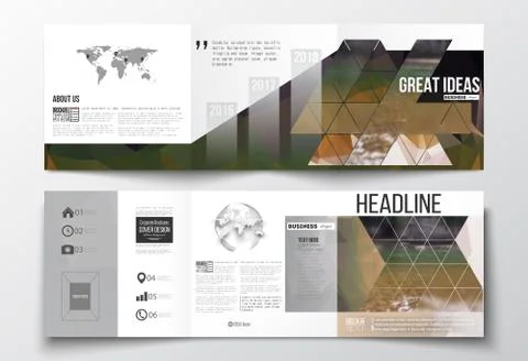 Vector set of tri-fold brochures, square design templates. Colorful polygonal 스톡 일러스트