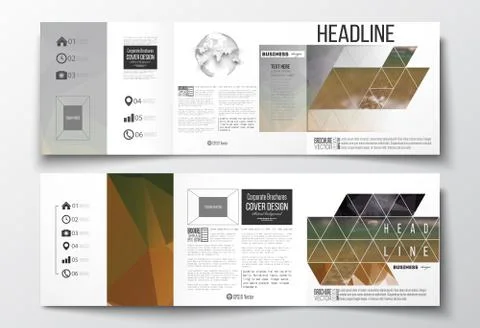 Vector set of tri-fold brochures, square design templates. Colorful polygonal 스톡 일러스트